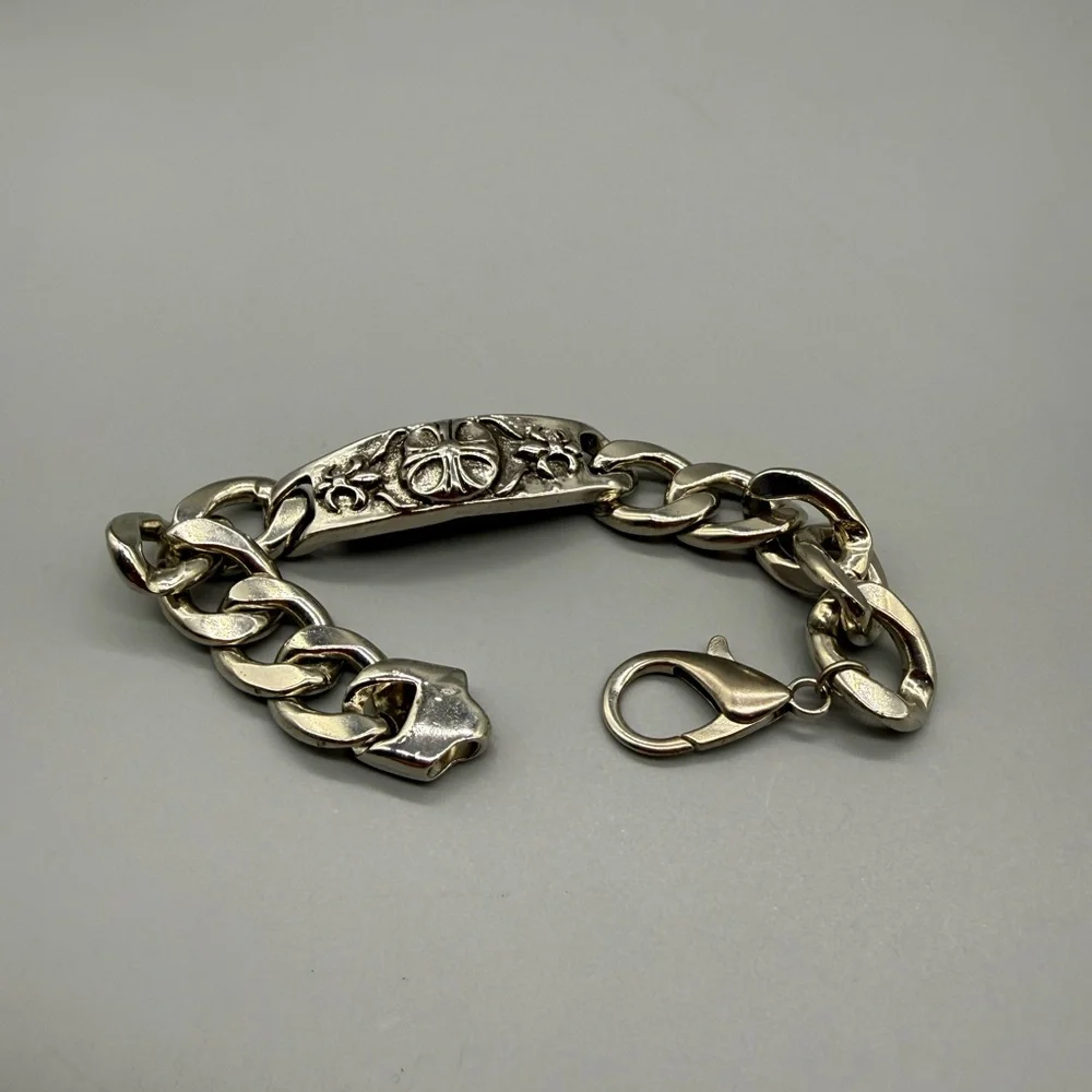 Silver ID Cross Fancy Link Cuban Bracelet.